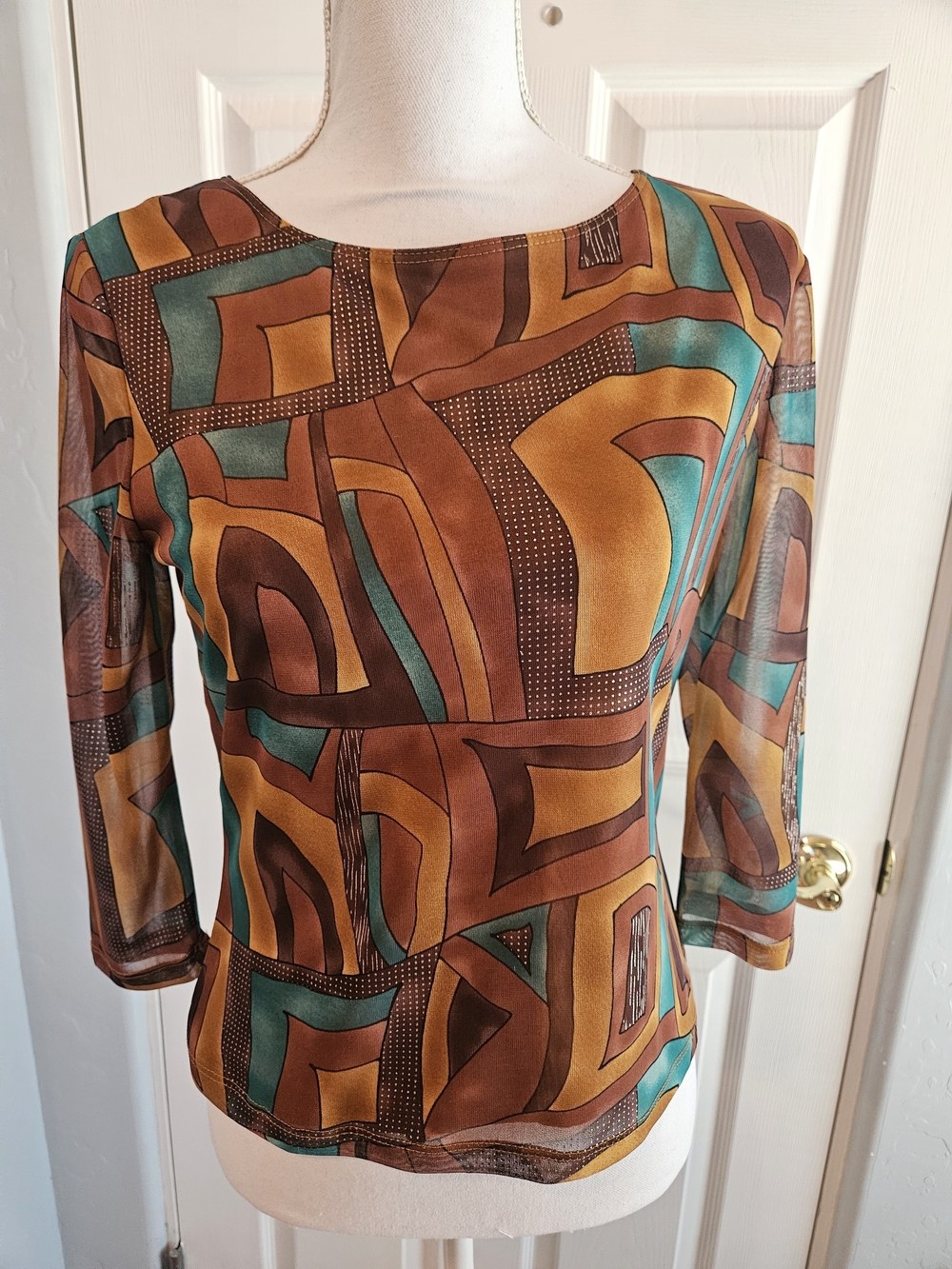 Sarah Kent Womens Abstract Pattern Brown Gold & Teal 3/4 Sleeve Top Small